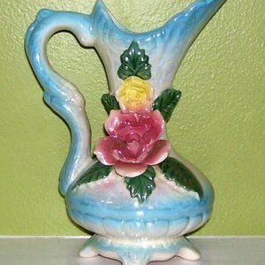 Ceramic Victorian Pitcher/Vase Fancy White 3D Blue Pink & Yellow Roses